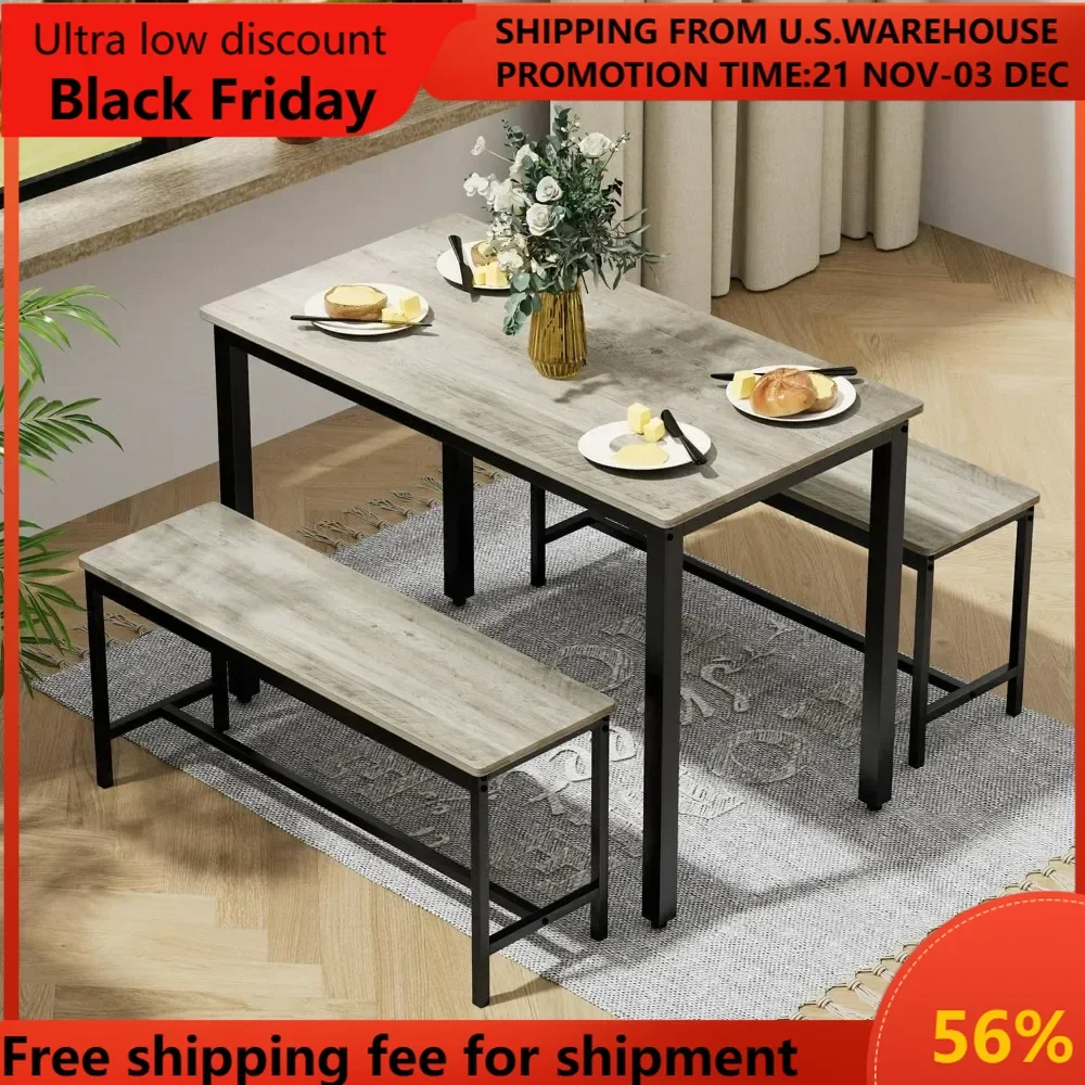 

3-Piece 4 Bar 2 Dining Benches, 43.3'' Wood Kitchen Table & Chair Set for Breakfast Nook and Small Space, Grey