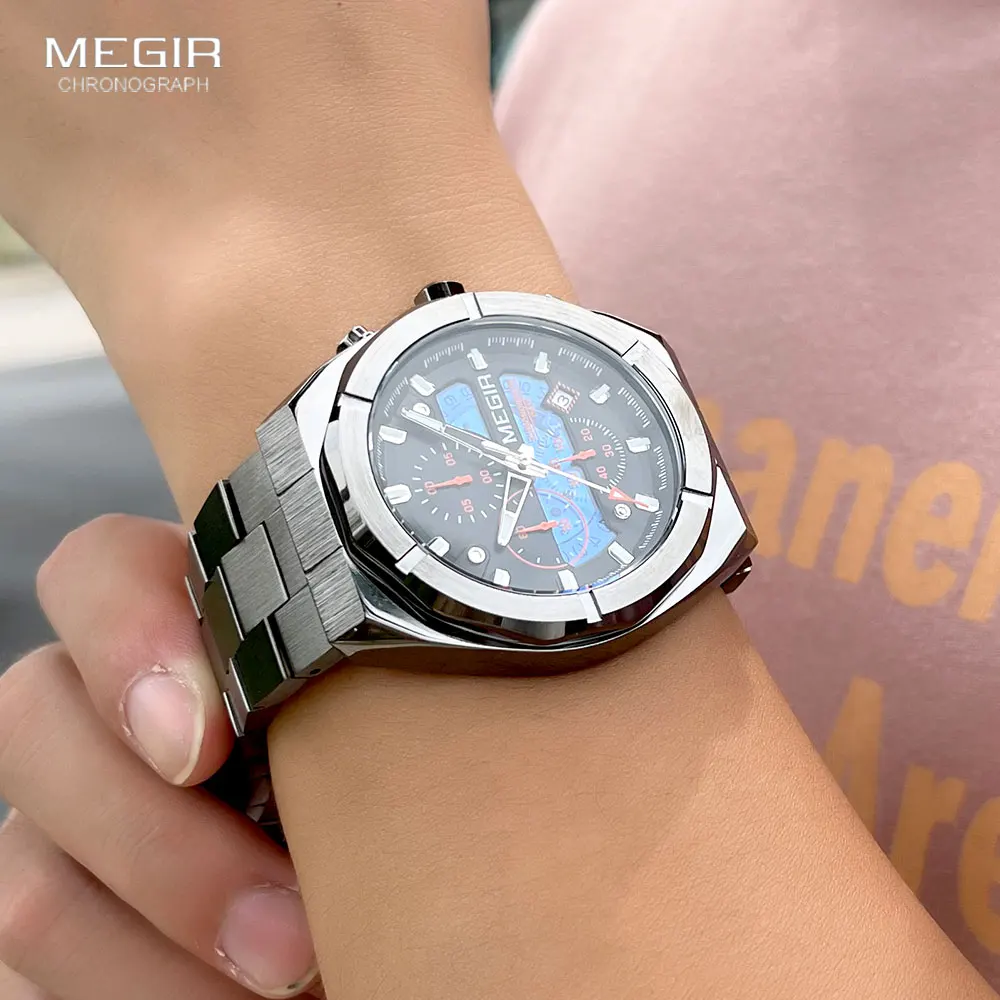 MEGIR Gray Sport Quartz Watch for Men Luxury Luminous Waterproof Metal Wristwatch with Stainless Steel Strap Date Chronograph