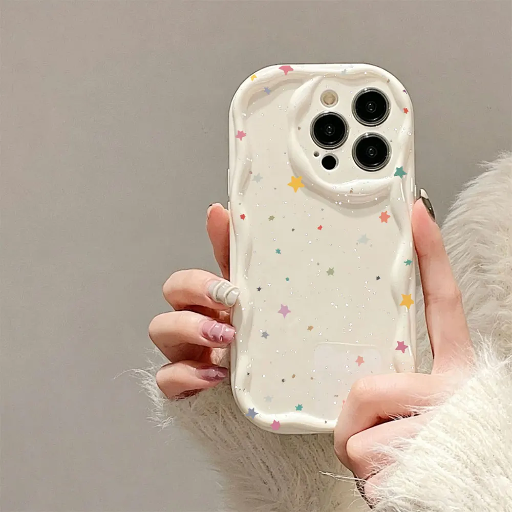 Funda Protectora Trasera Suave con Borde Ondulado y Diseño de Estrellas para iPhone 17, 16, 15, 14, 13, 12, 11 Pro, Mini, XS Max, X, 7, 8 Plus, Air, 16e, 17e, SE 2020, 2022