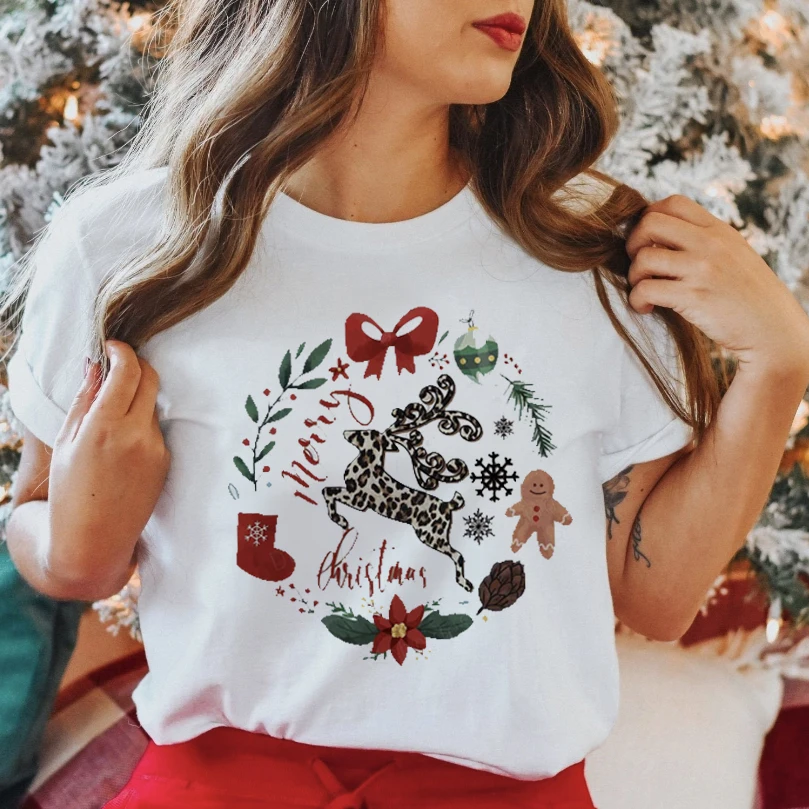 Women Santa Claus Cute Festival Merry Christmas Wear T Shirt New Year Season Print Tops Winter Graphic Tees Clothing T-Shirt