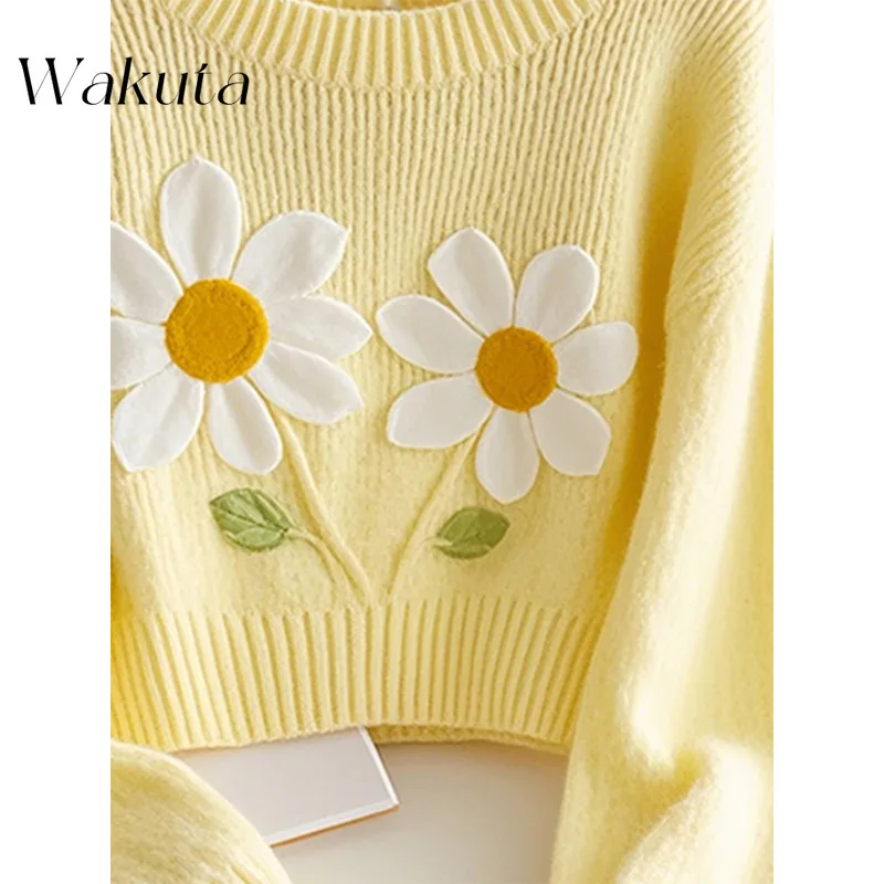 WAKUTA Autunno Elegante versione coreana del maglione lavorato a maglia che riduce l'età alla moda con dopamina Pullover con stampa gialla Maglioni Y2k Commer 