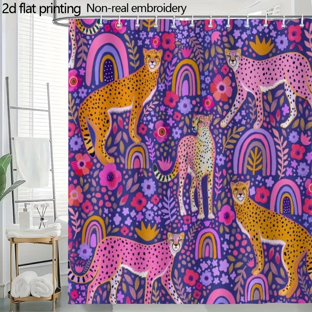 Bath Curtain 71x71 Inch Cheetah Floral Rainbow Print Waterproof Polyester Shower Curtain for Bathroom Decor