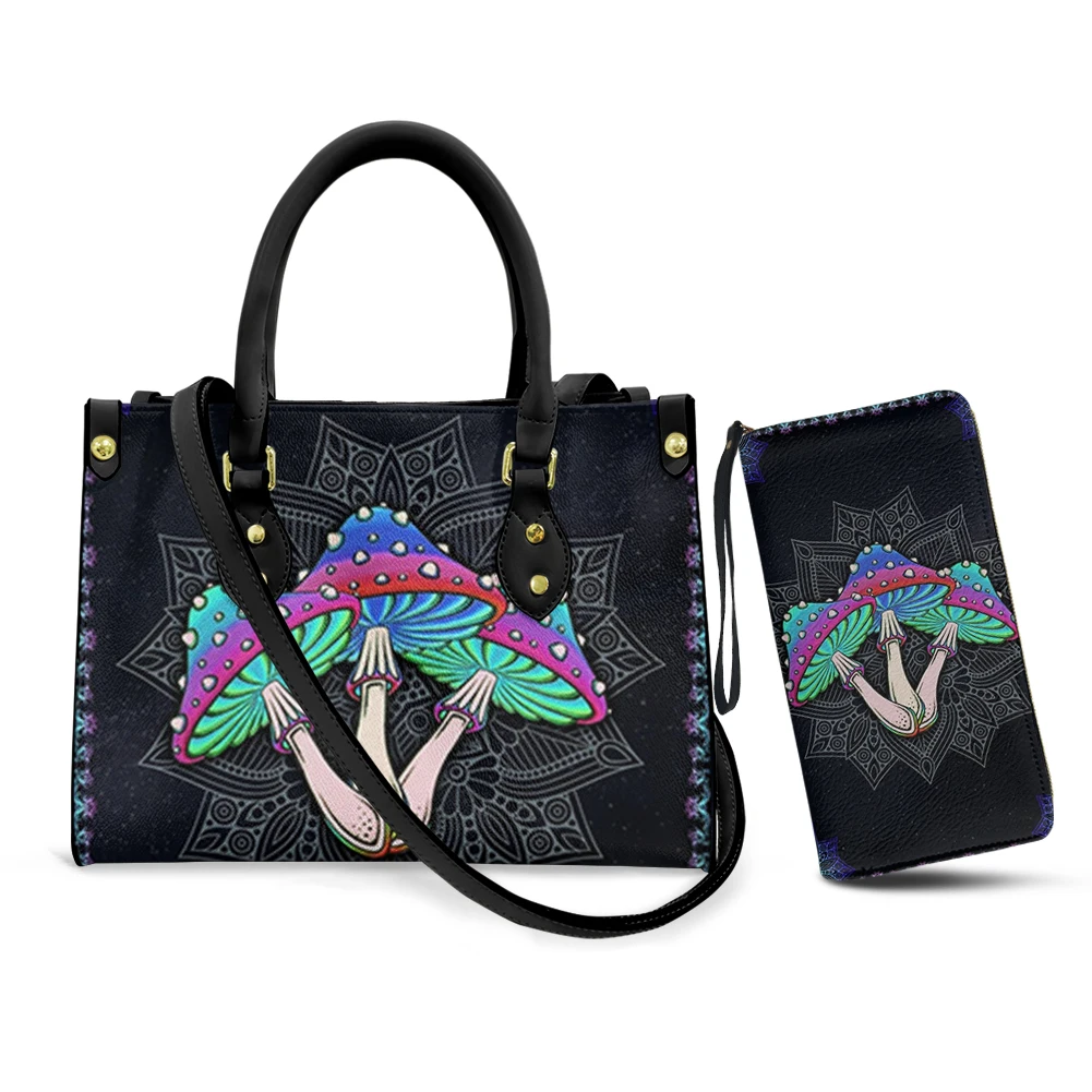 

Belidome Mandala Mushroom Handbag for Womens Designer PU Leather Wallet Tote Bag Shoulder Bags Top Handle Satchel 2pcs Purse Set