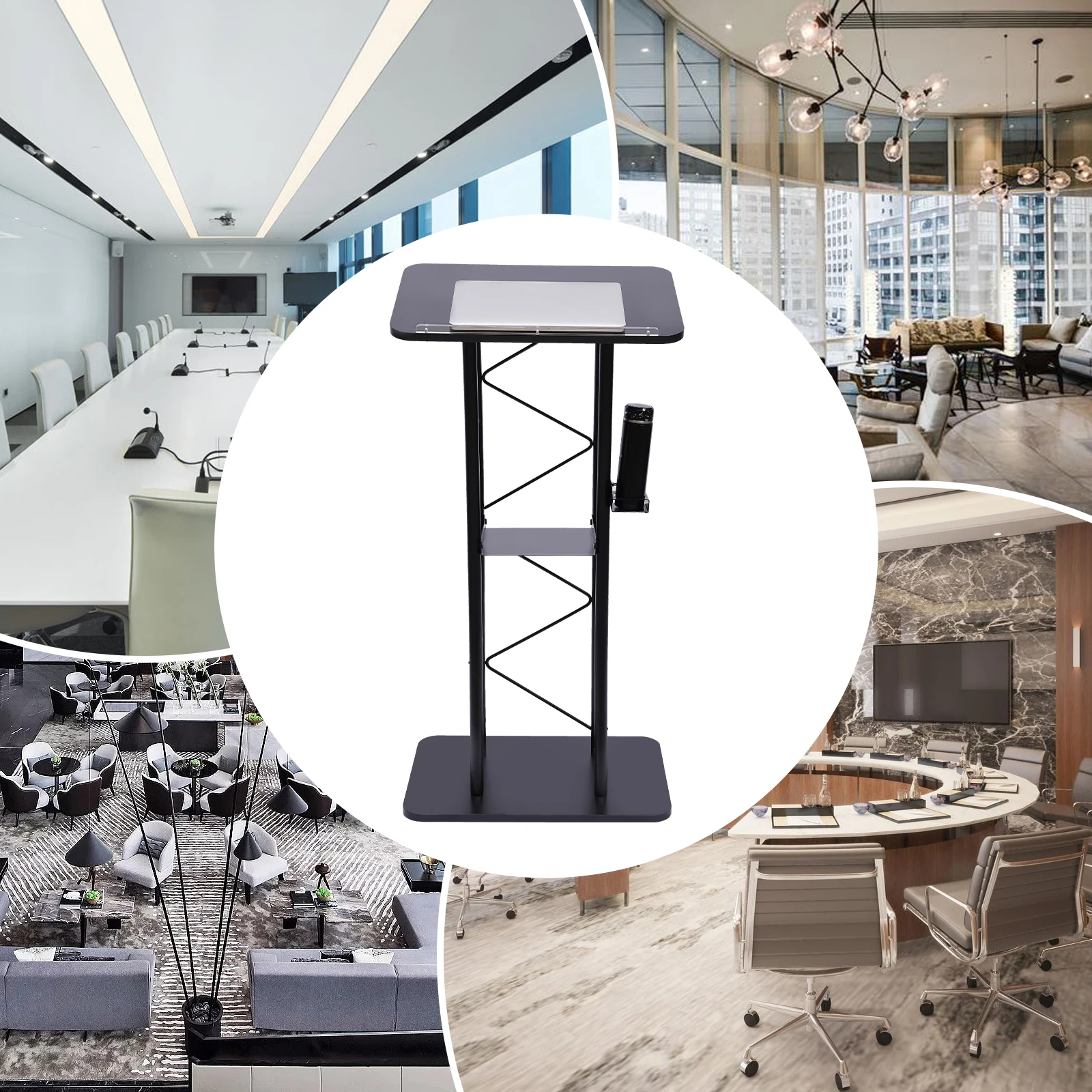 배플과 컵 홀더가 있는 곡선형 연단, 60.45x40.39x119.38cm, 검정색, 학교, 회의 및 대중 연설용