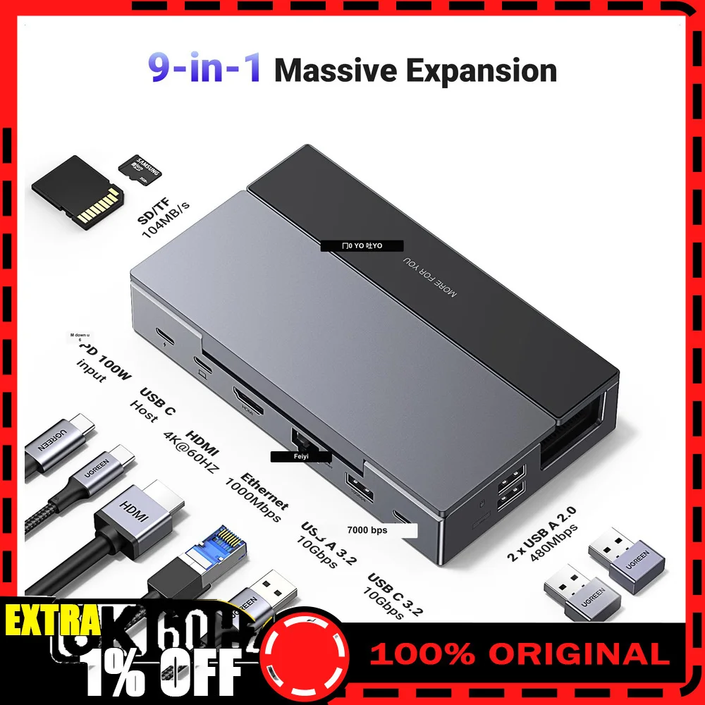 UGREEN 25869 9-in-1 Steam Deck Docking Station 4K 60Hz HDMI 10Gbps USB Gigabit Ethernet SD TF 100W PD for ROG Ally.