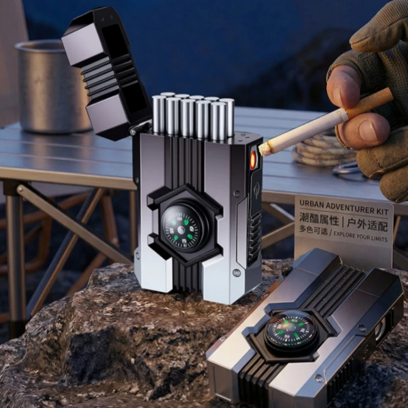 

Compass Mecha Shaped Cigarette Box Lighter Outdoor Portable with Tungsten Wire Can Hold 10 Thick Cigarettes Lighter Gift
