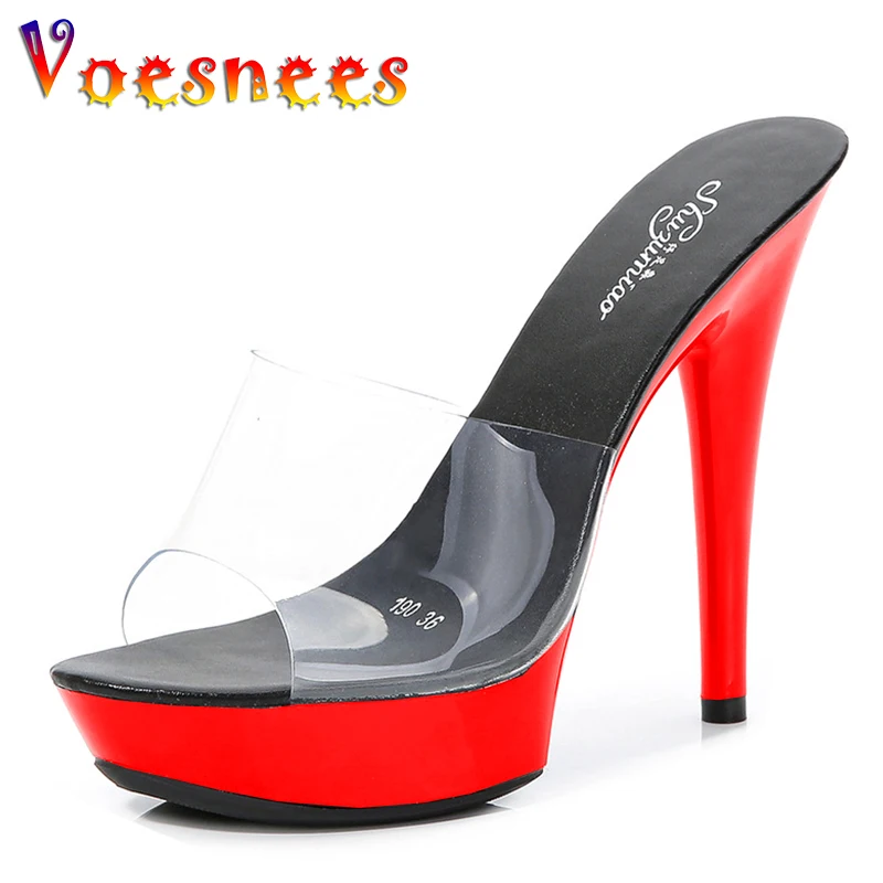 Stripper Heels Slipper female SANDAL WOMAN Summer PVC Slides Waterproof 13cm Thick Bottomed Nightclub Sexy High-heeled Platform