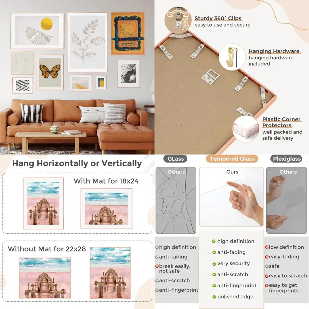 

Металлическая фоторамка розового золота 22x28 с ковриком для фотографий 18x24, закаленное стекло, современная алюминиевая рамка для настенного дисплея