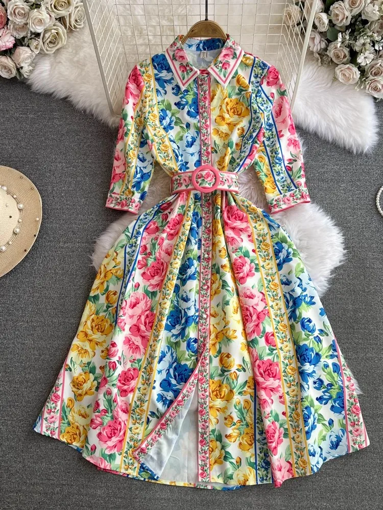 2024 Summer Runway Shirt Dress Women's Lapel Short Sleeve Gorgeous Flower Print  Single Breasted Belt Pleated Midi Vestidos 6318