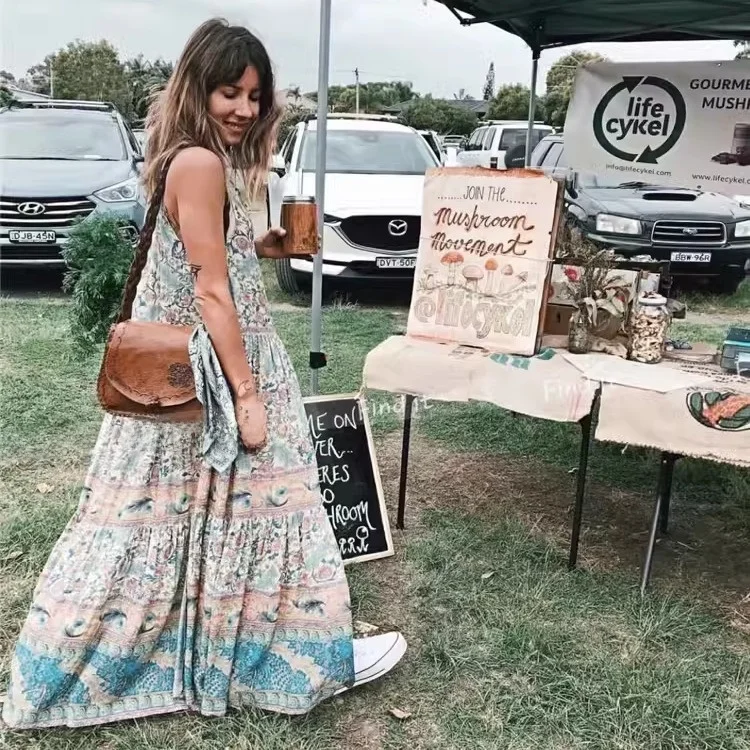 Vestido Longo Estilo Boho de Aodão com Estampa Retrô, Sem Mangas, Decote Redondo para Mulheres, Primavera, Verão, Outono