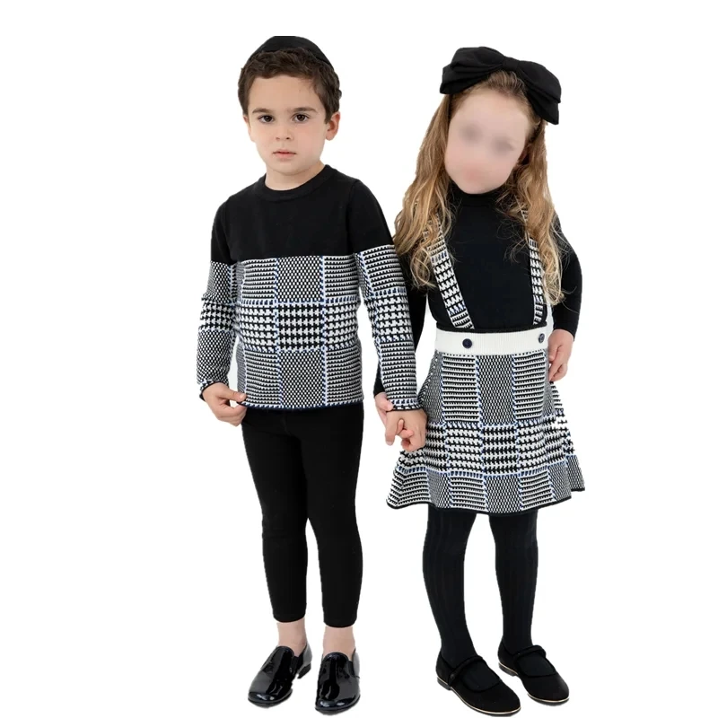 2024 Brother Mathcing Knitted Clothes Kids Boys Sweaters Plaid Knit Pullover Tops Baby Strappy Children Clothing Kids Costumes