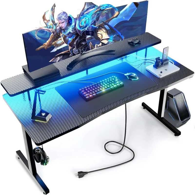 Meja Gaming 55 inci, Meja Gamer komputer dengan dudukan Monitor, meja Gaming permukaan serat karbon ergonomis