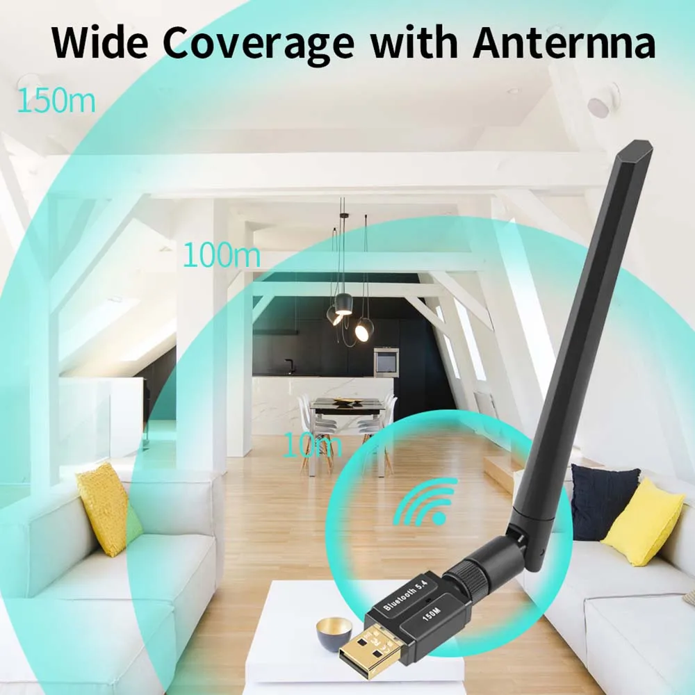 150M Bluetooth 5.4 5.3 5.1 Adattatore USB Bluetooth Dongle per Windows 11/10/8.1 Mouse Wireless Tastiera Ricevitore Audio Trasmettitore