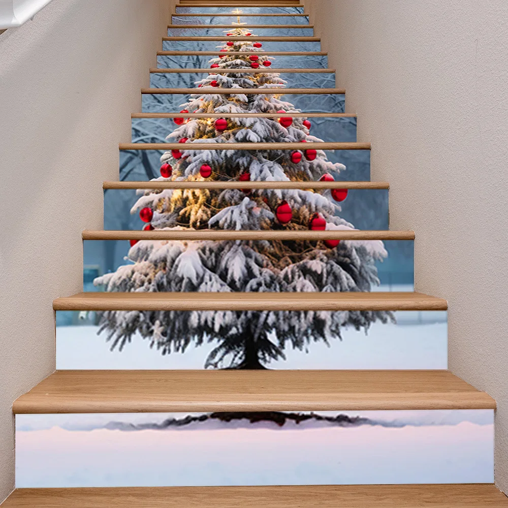 13Pcs Winter Snow Christmas Tree Stair Riser Stickers Peel & Stick 100x18cm Removable Vinyl Decals Xmas Indoor DIY Home Decor