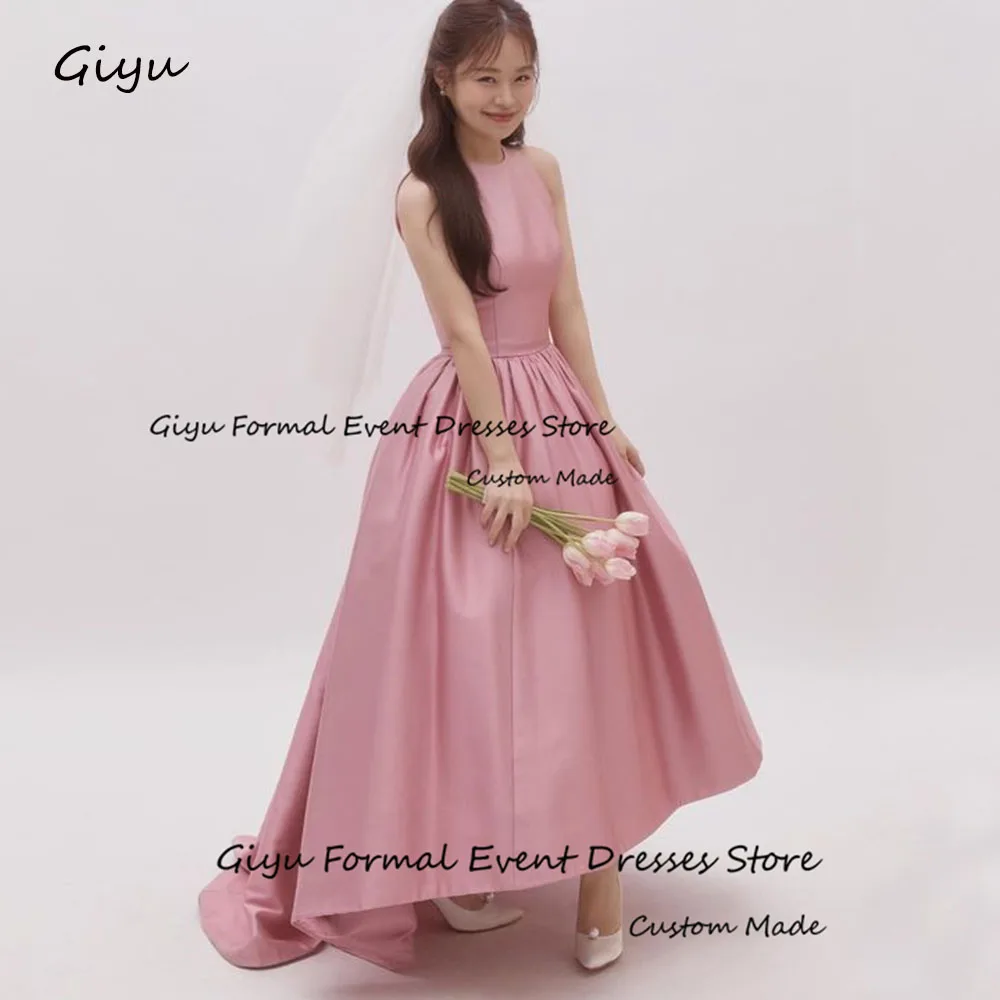 

Giyu A-Line Pink Korea Wedding Dress Photo Shoot O-Neck Draped Bridal Gown Sleeveless Floor-Length Vestidos Novias Boda