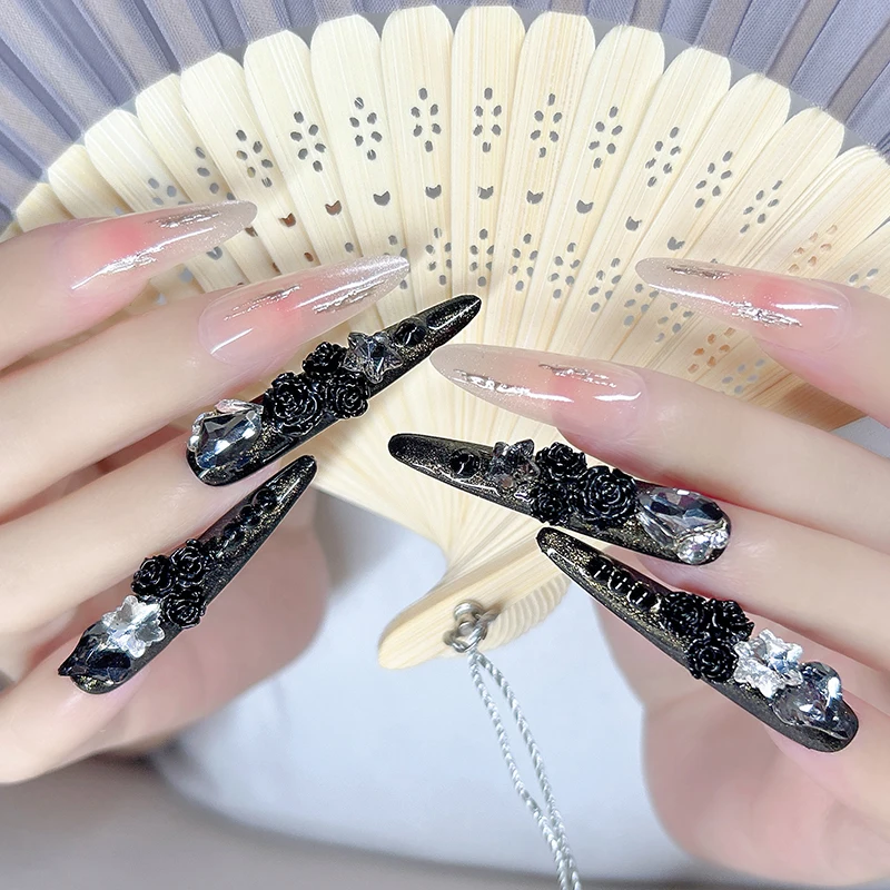 14-delig (4 lang + 10 kort als cadeau) Handgemaakte gotische bloemen Littini-nagelset Glanzend Edgy voor gelegenheden (beter dan) Populaire kits