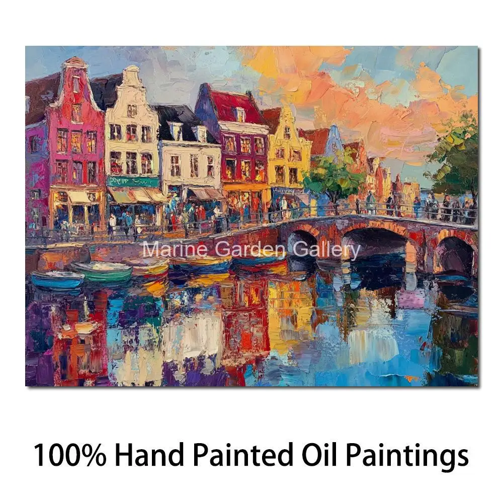 Impressionist Landscape Canvas Art Oil Painting Amsterdams Bridge Handmade Textured Artwork for Modern Hotel Lobby Wall Decor