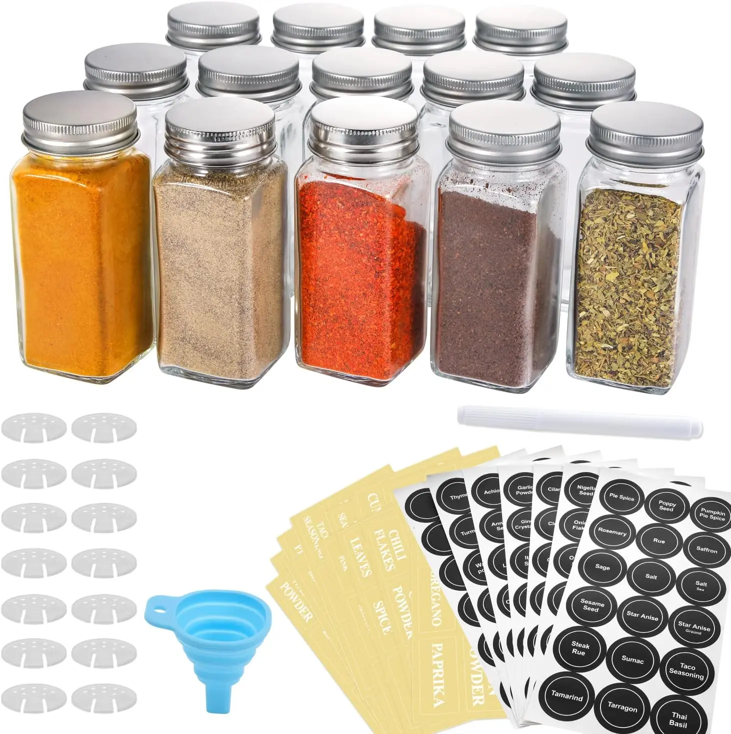 14 Pcs Square Glass Spice Jars with Labels, Shaker Lids & Airtight Caps, Collapsible Funnel Included