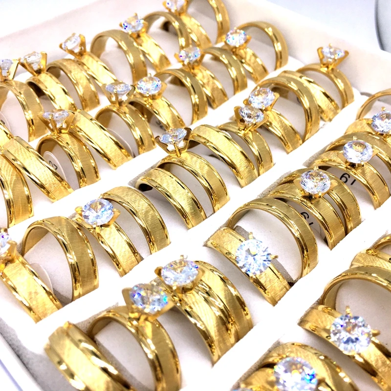 10 sets of Couple Rings For Men and Women Stainless Steel Gold Plated Sparkling Cubic Zircon Fashion Jewelry Wedding Bands