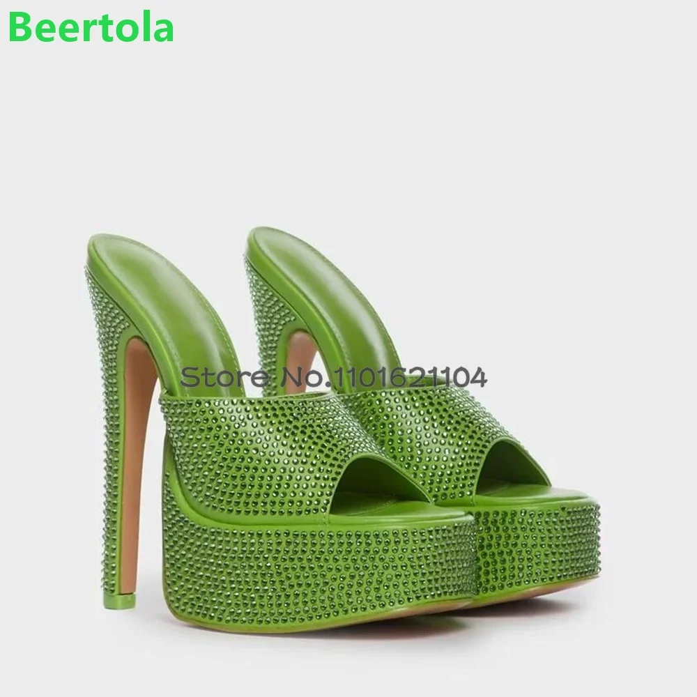 

Green Crystal Thin High Heel Slippers For Female Women Summer Platform Peep Toe Slip-on Shallow Fashion Elegant Outside Shoes