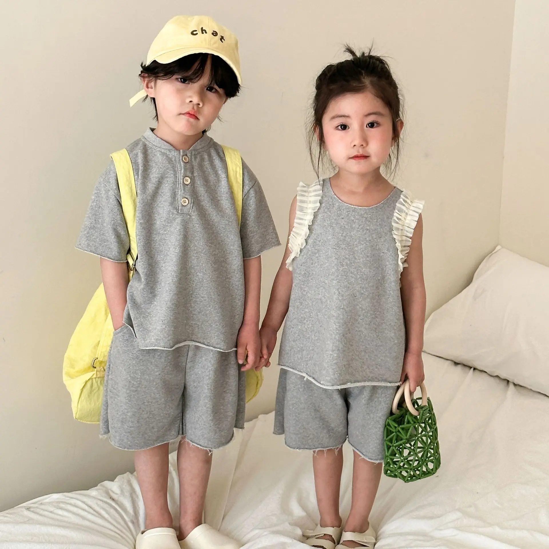 Summer Brother Sister Outfits Boy Baby Solid Loose Sport Short Sleeve T-shirt + Shorts 2pcs Girl Children Cotton Lace Vest Set