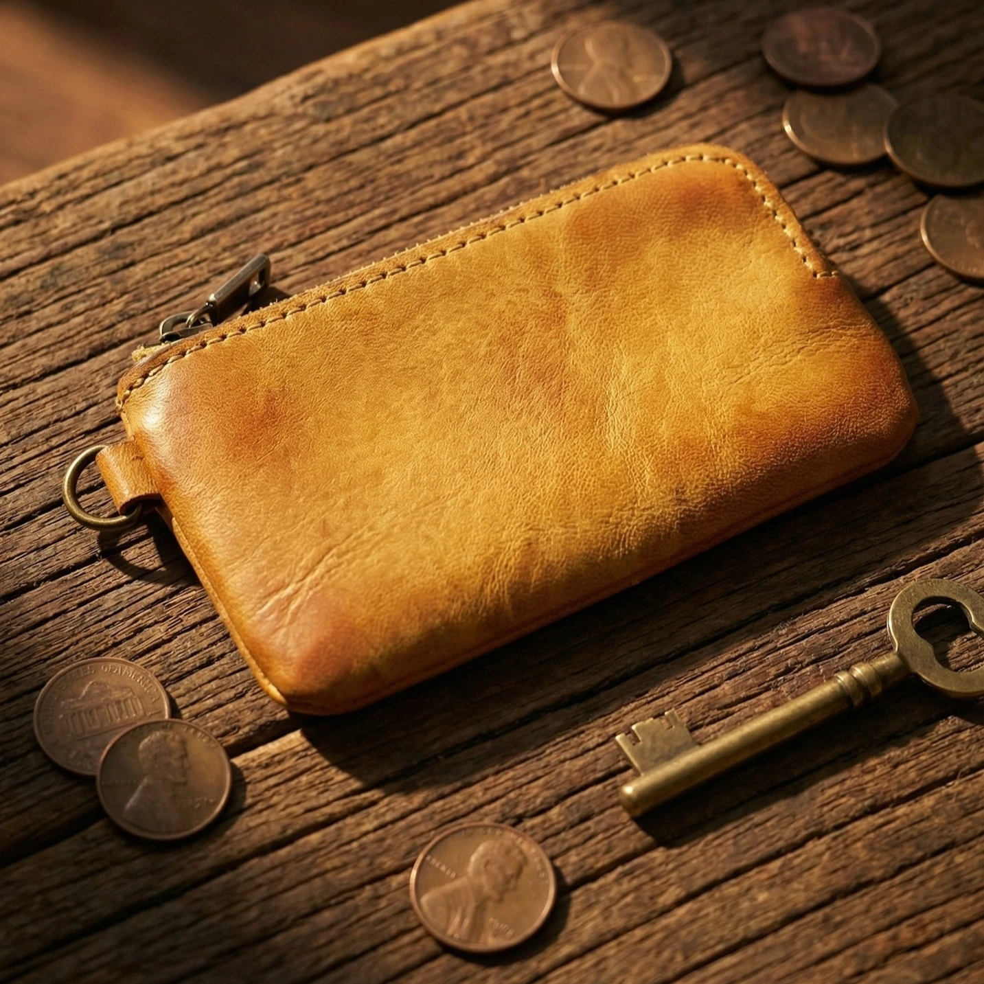 

Genuine Leather Zipper Coin Pouch for Men - Compact Mini Change Organizer with Metal Ring, Slim Wallet for Cards, Coins & Keys