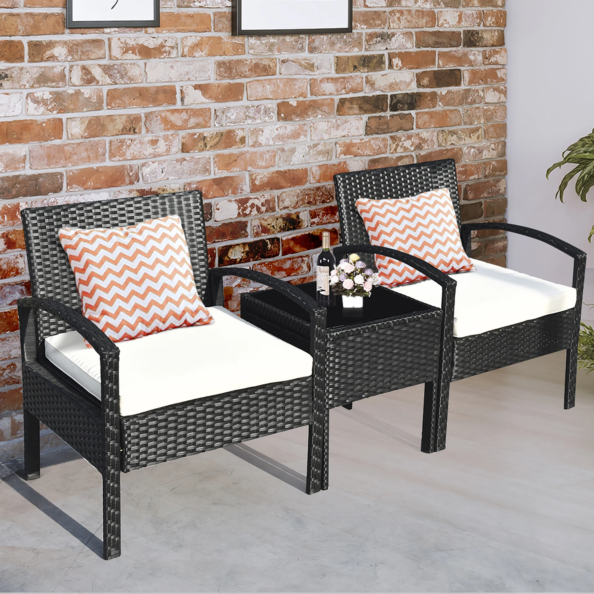 3PCS Patio Rattan Furniture Set Table & Chairs Set with Seat Cushions Garden