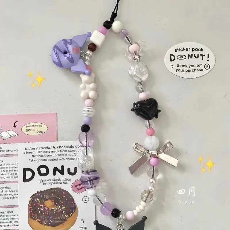 Kawaii Sanrio Kuromi Beaded Phone Chain Ins Style Cartoon Charm Ccd Pendant Lanyard Women Girls Bag Accessories Decoration Gift