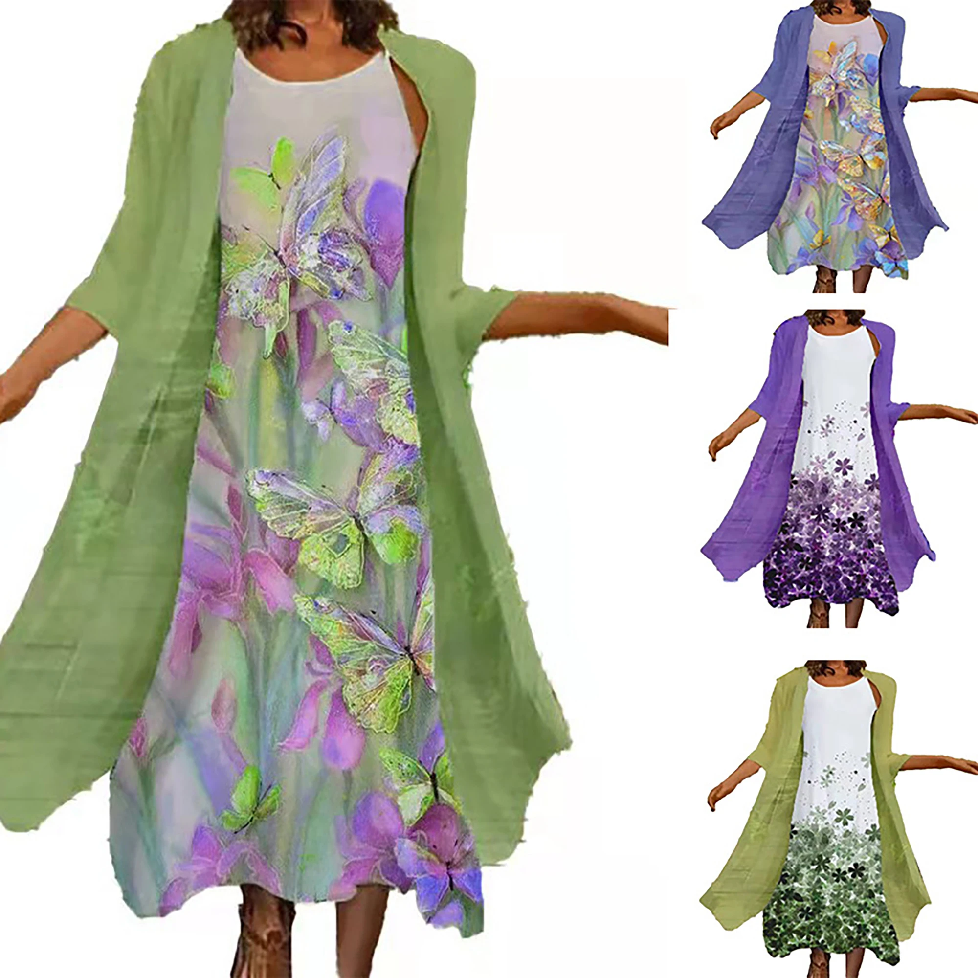 2024 Europe and the United States spring and summer new women\'s two-piece set of printed round neck long skirt chiffon pocket ou