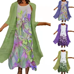 2024 Europe and the United States spring and summer new women's two-piece set of printed round neck long skirt chiffon pocket ou