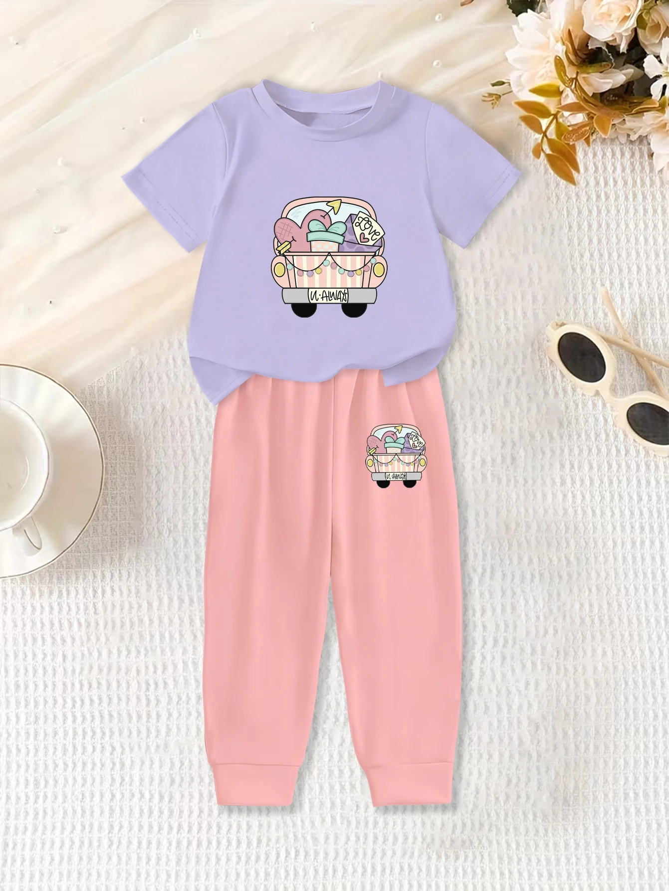 

2 предмета: Летний милый милый наряд из 2 предметов для девочек на День святого Валентина с рисунком розового сердца и автомобиля