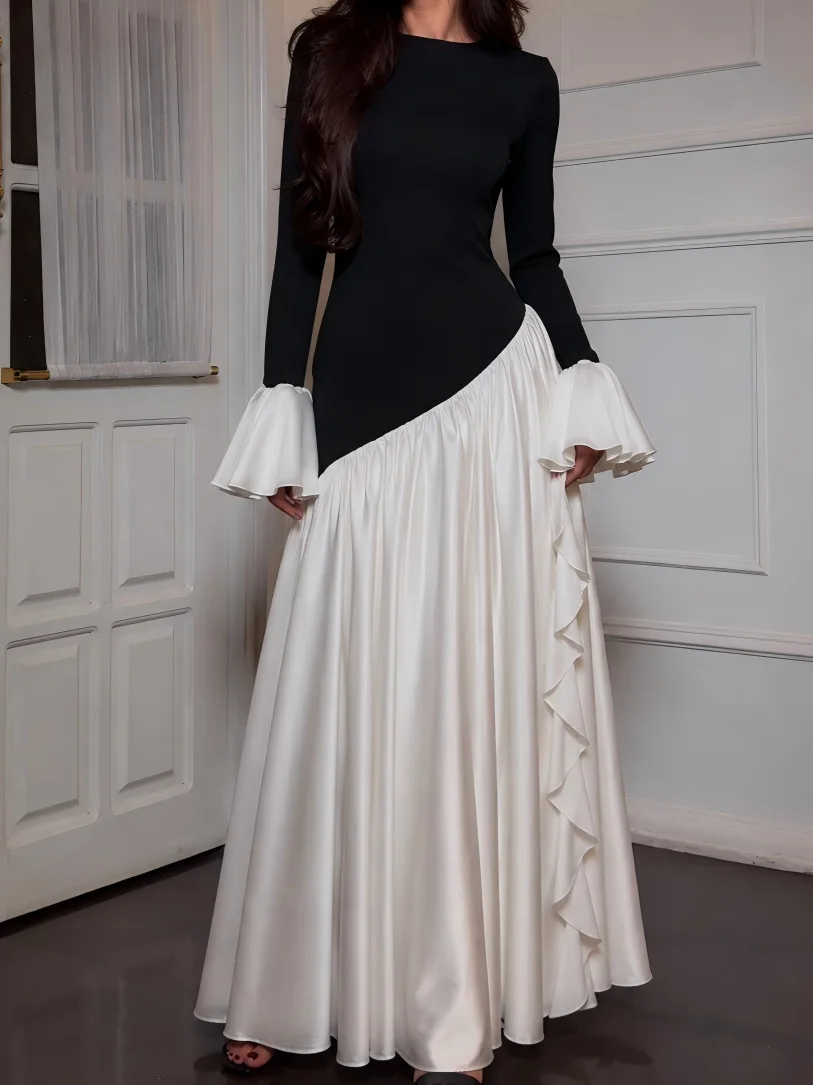 Elegant Women Long Sleeve Maxi Dress Abaya Solid Black White Patchwork Casual Ladies Long Dress Kaftan Jalabiya Party Dresses