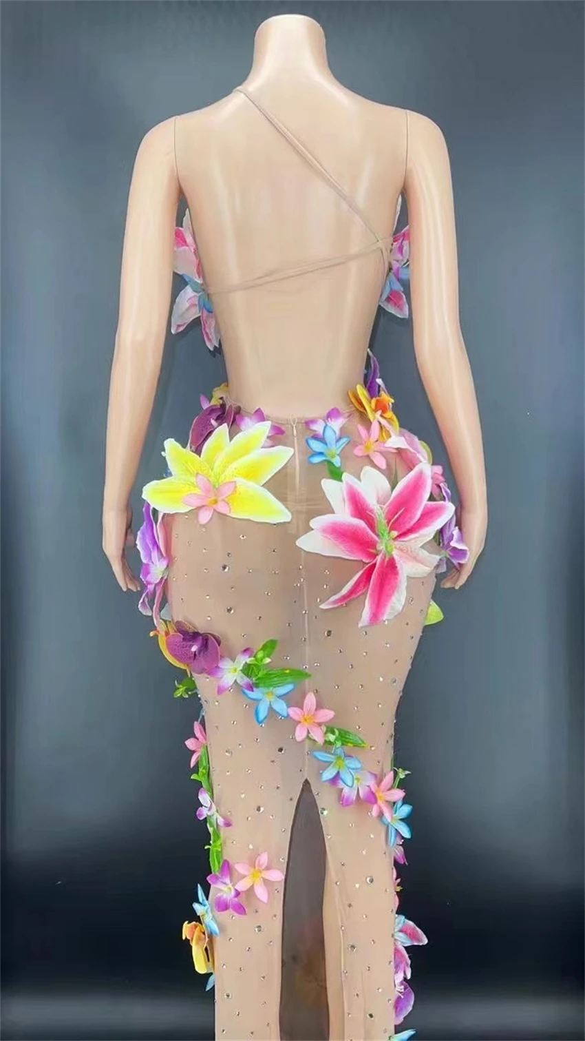 Colorful See Through Flowers Halter Short Dress Women Party Drag Queen Vegas Showgirl Costume Performance Stage Dance Outfit