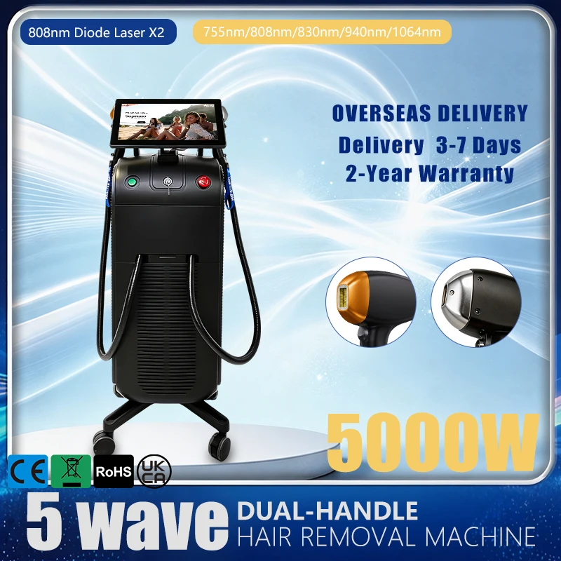 5 Wavelength Diode Laser Hair Removal Machine 755/808/830/940/1064nm Dual Handles Ice Cooling Salon Skin Care Equipment