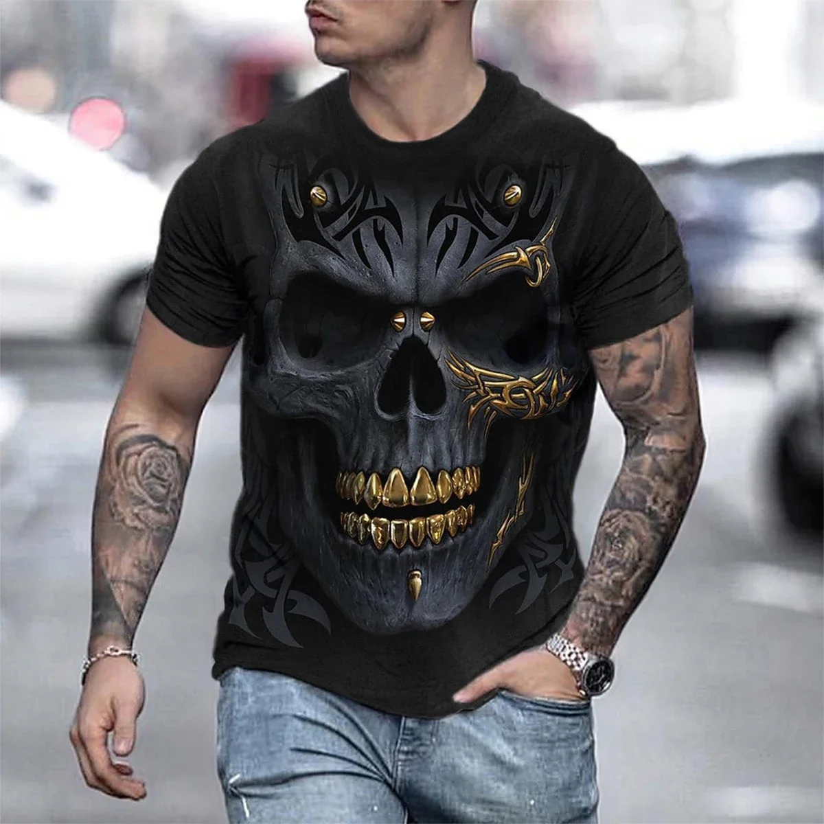 Trendy Men 3D Gothic Skull T-shirt Black Round Neck Short Sleeve Street Style Halloween Eye Catching Fashion Casual Tops