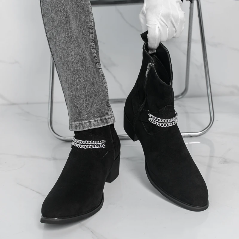 

Men High Top Boots with Suede Like Pointed Tips Fashionable Chain Decoration Comfortable Men Boots