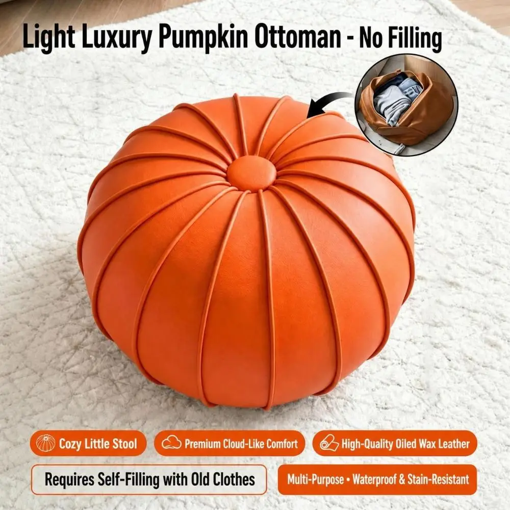 New Leather Fillable Ottoman Pouf Low Profile Round Shape Round Pouf Cover Luxury Style Storage Ottoman Sofa Side Use