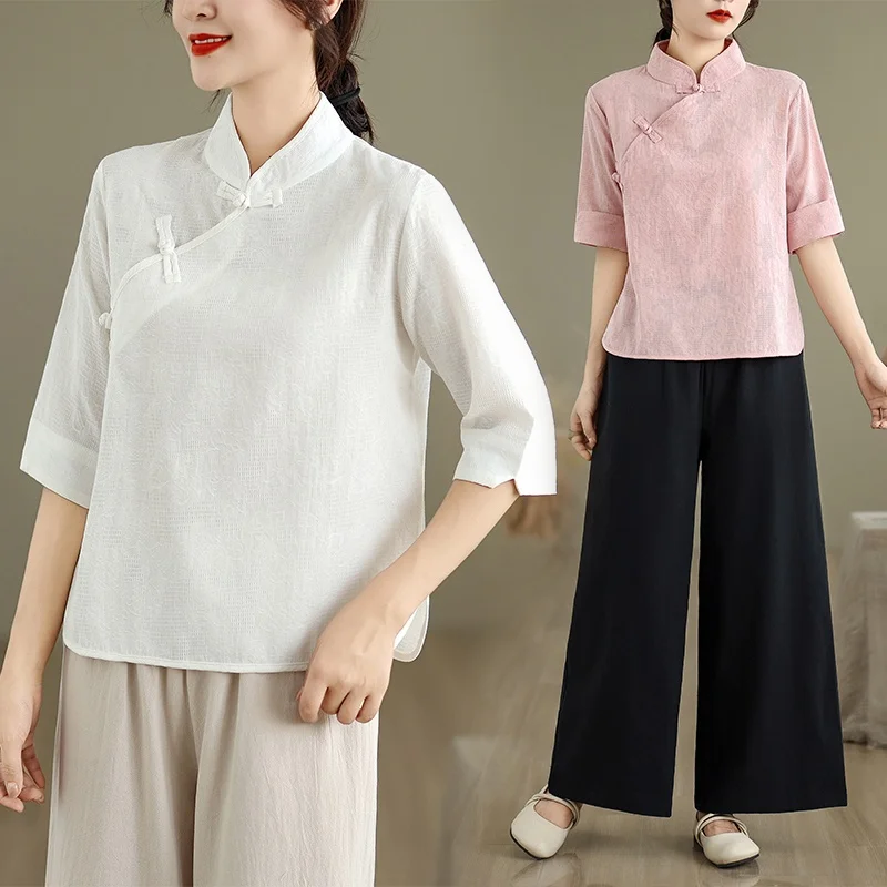 

Китайский комплект из хлопкового льняного топа и широких брюк, комплект для чистки ушей, традиционный этнический комплект Faion