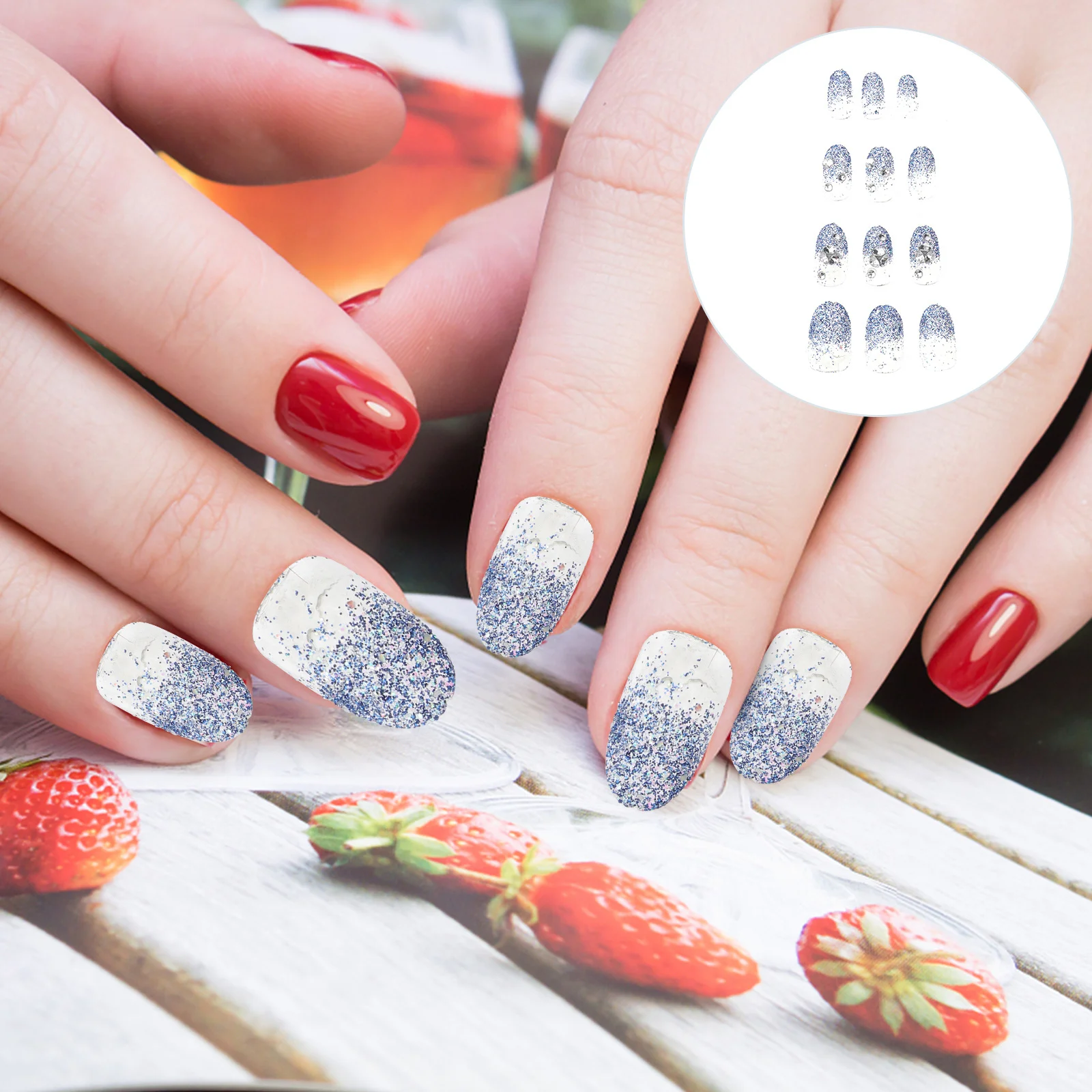 

24Pcs DIY False Nails Full Cover Blue Glitter Powder Sturdy Durable Removable Fake Nails for Women Girls Fake Nail