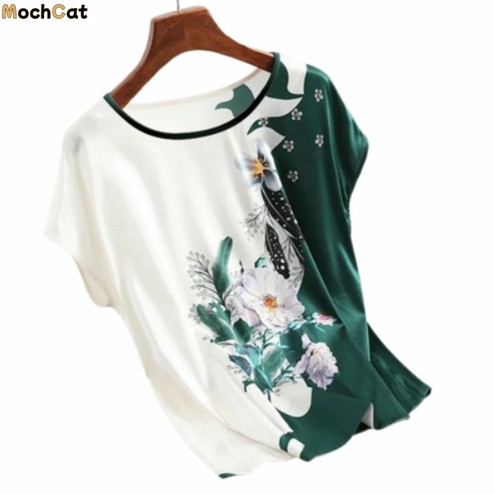 

Casual Vintage Floral Print Blouse Comfortable Loose Plus Size Tops Round Neck Breathable Women's Silk Satin Blouse Vacation