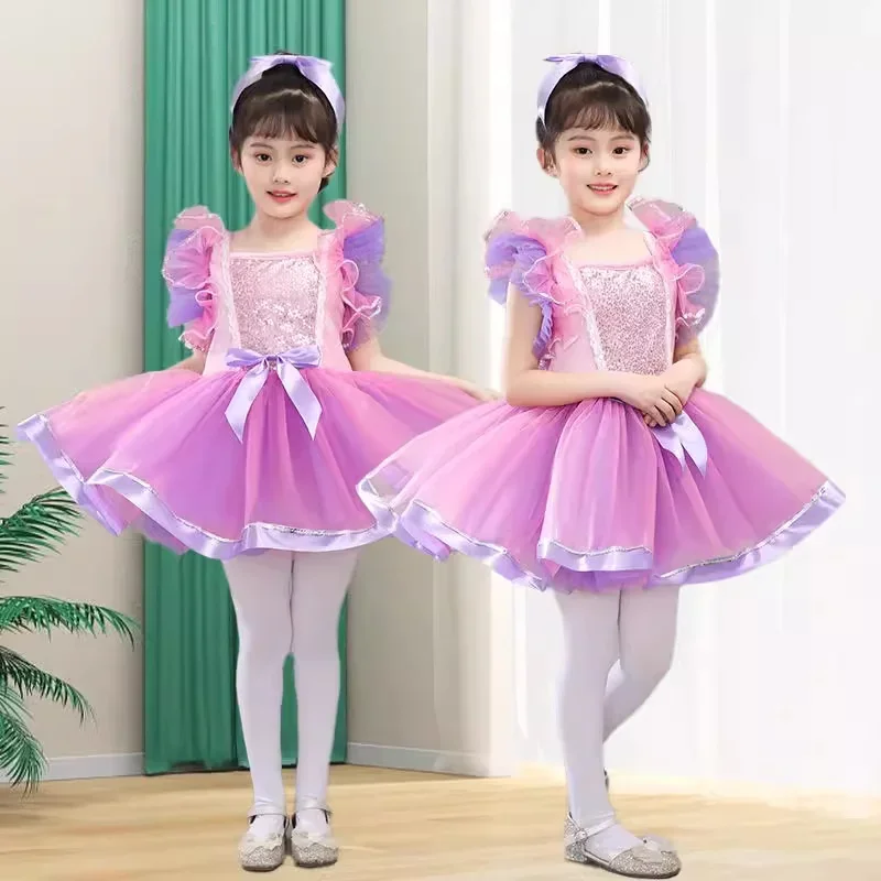 女の子子供モダンダンスドレス子供スパンコールグリーンピンクタゲパフォーマンス衣装スターダンス衣装女の子子供