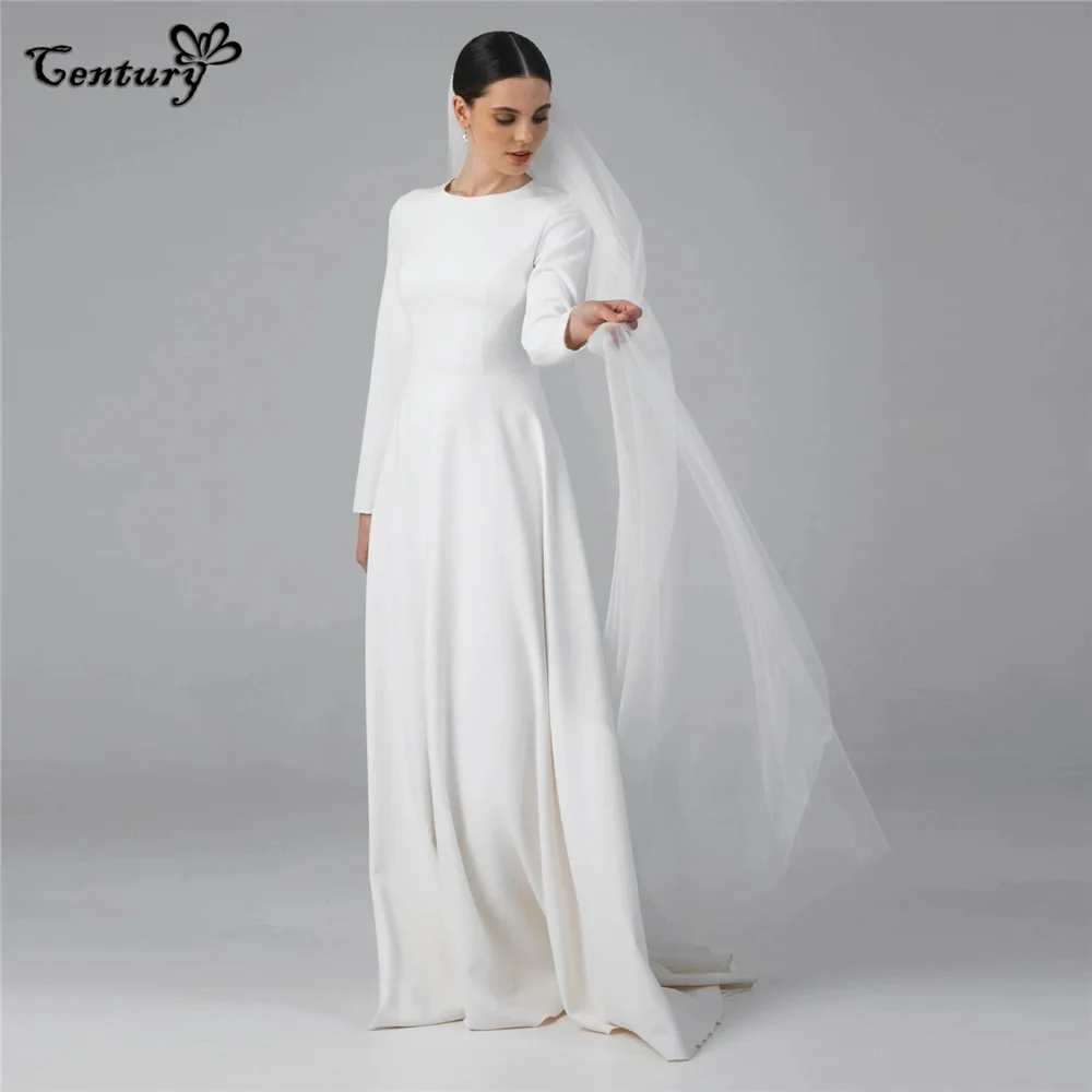 

Simple Wedding Dress Long Sleeve A Line Crepe O-Neck Elegant Bridal Gowns Bride Dresses Vestido De Noiva robe de mariee