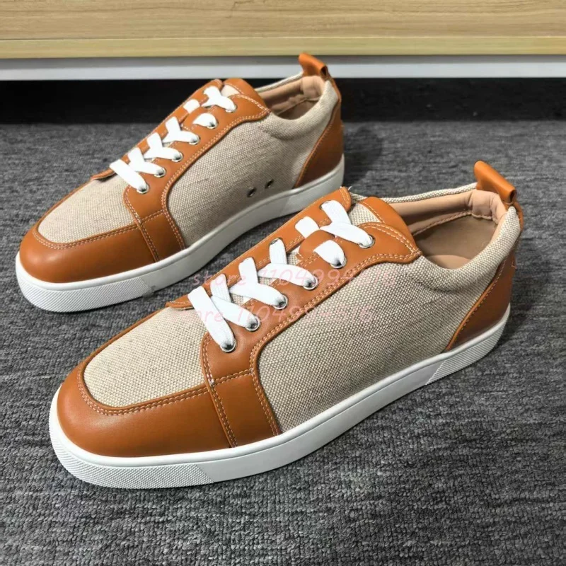 البرتقال المرقعة تنفس الرجال أحذية رياضية جولة تو الدانتيل متابعة حذاء كاجوال 2025 الذكور موضة فاخرة الشقق فستان الحفلات نسج الأحذية #5