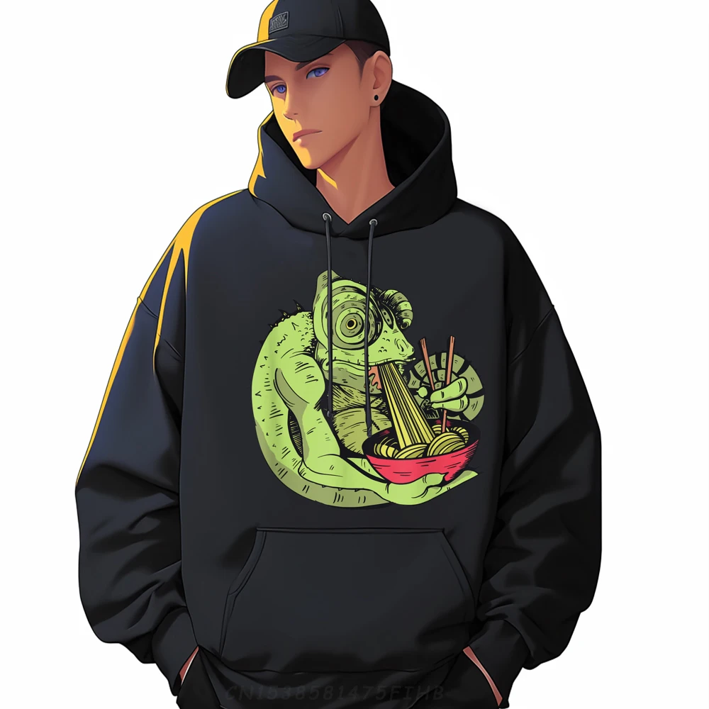 Cute Kawaii Chameleon eats ramen noodle with chopsticks Cute Oversized Hoodies Men's Clothing Deals Valentines Day