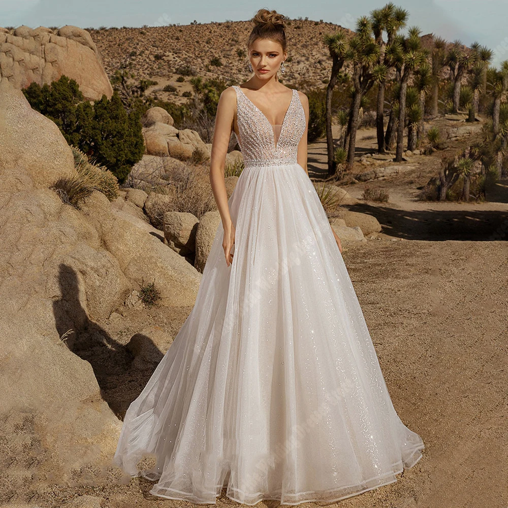 Elegant V-Neck Sleeveless Women Wedding Dresses A-Line Mopping Length Backless Princess Gowns Beach Ball Vestidos De Novias 2024