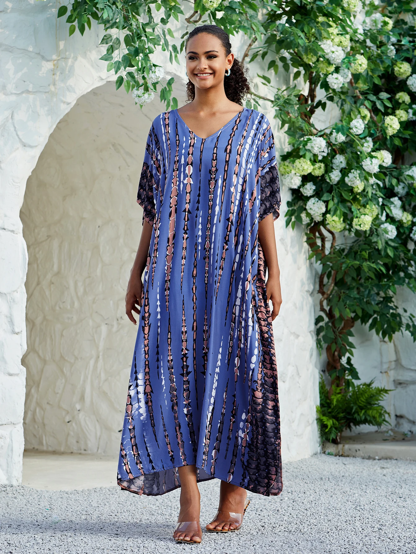 Abito allentato con spacco laterale con scollo a v stampato Tie Dye blu bohémien per vestiti da donna 2024 abiti da spiaggia Maxi Q1218