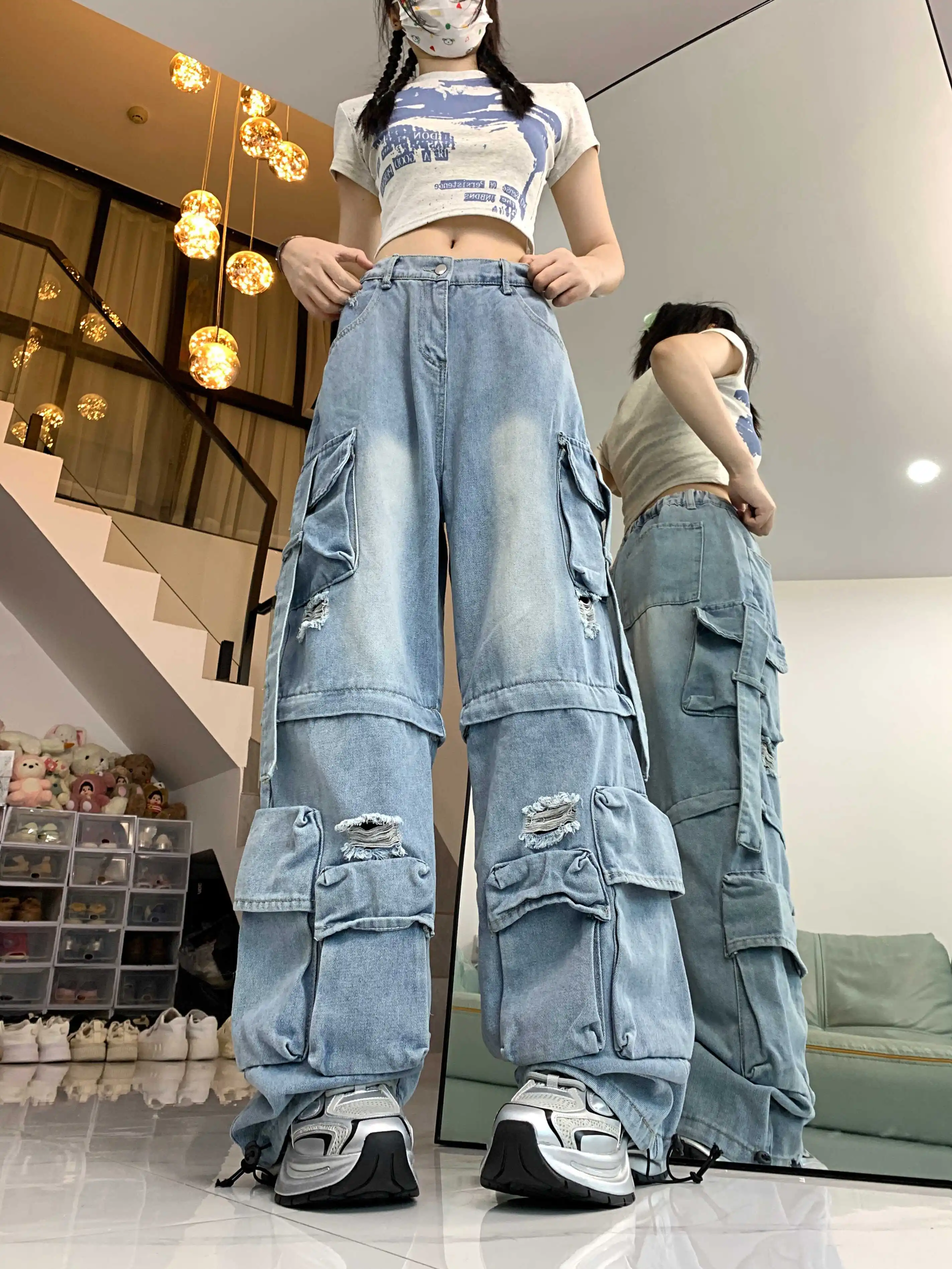 

Women's Blue Cargo Jeans Baggy Vintage Y2k Denim Trouser 2000s Harajuku Wide Leg Cowboy Pants Trashy 90s Aesthetic Clothes 2024