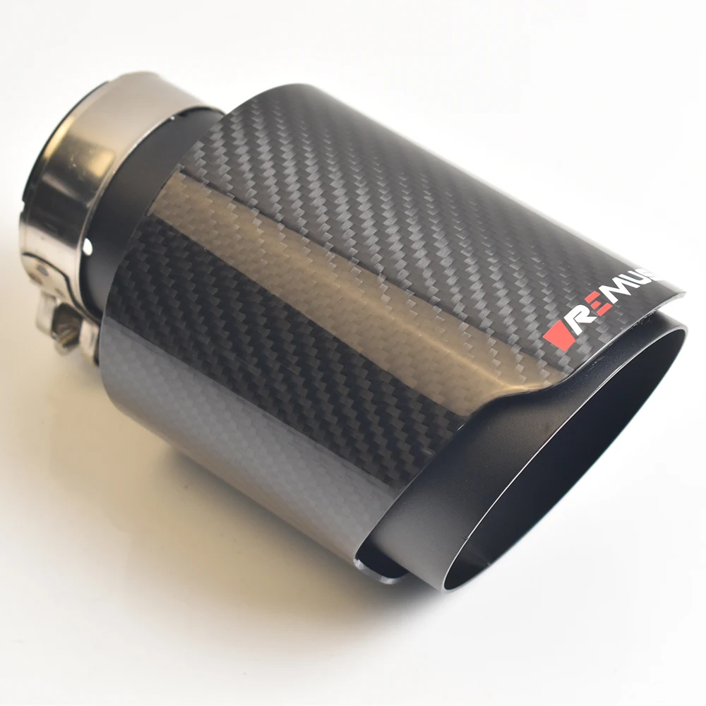 RMUS Universal Car Cut End Pipe Matt Black Muffler Tip with Twill Bright Fiber Carbon Stainless Steel