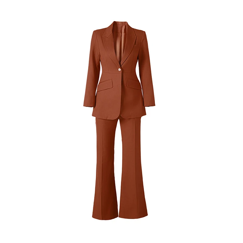 5 Colors Finework Superior Style New Fall Thick Fabric Women 2PCS Lady Suit Single Buttton Blazer Flare Pants OL Twin Sets