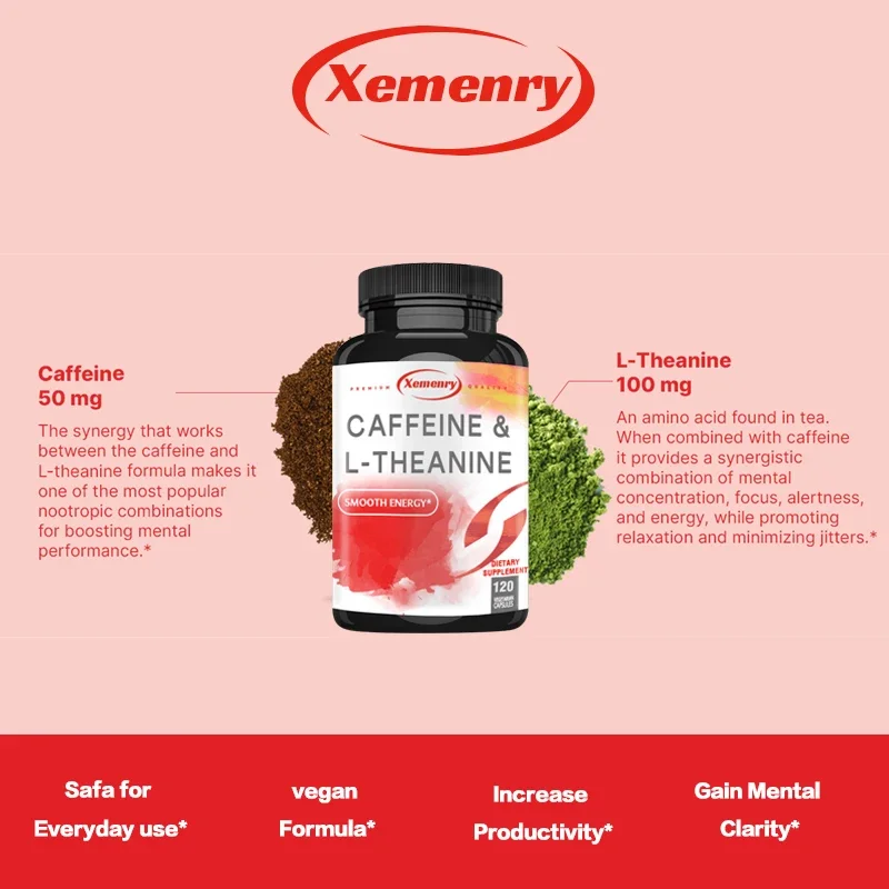 Cafeïne 50 mg en L-Theanine 100 mg - Voedingscapsules geïmporteerd uit de Verenigde Staten